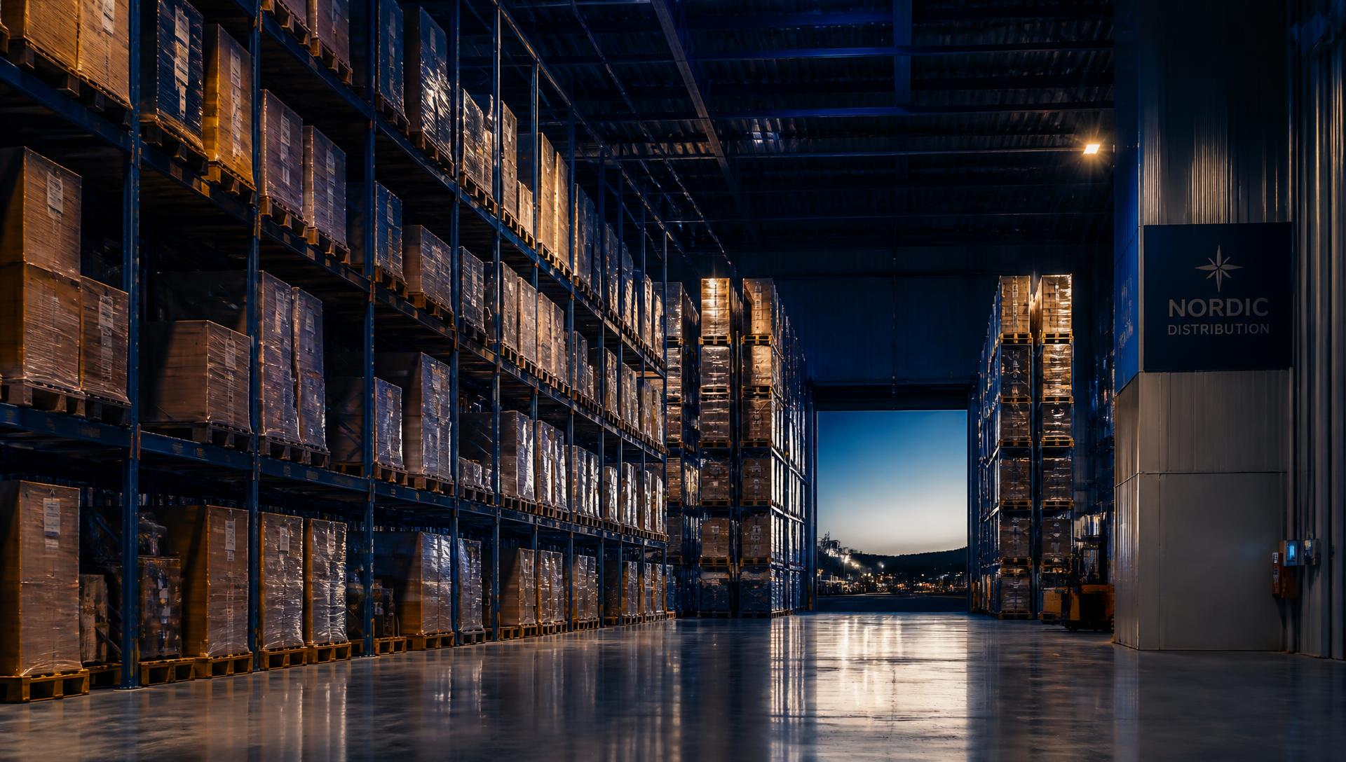 Distributiecentrum met stellingen vol verpakte handelsgoederen op pallets