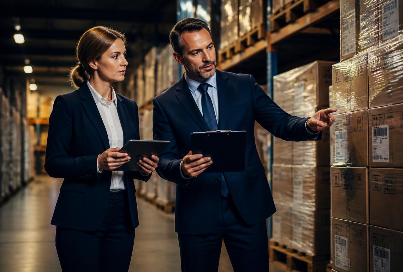 Twee zakelijke inkopers beoordelen een voorraad dozen in een magazijn