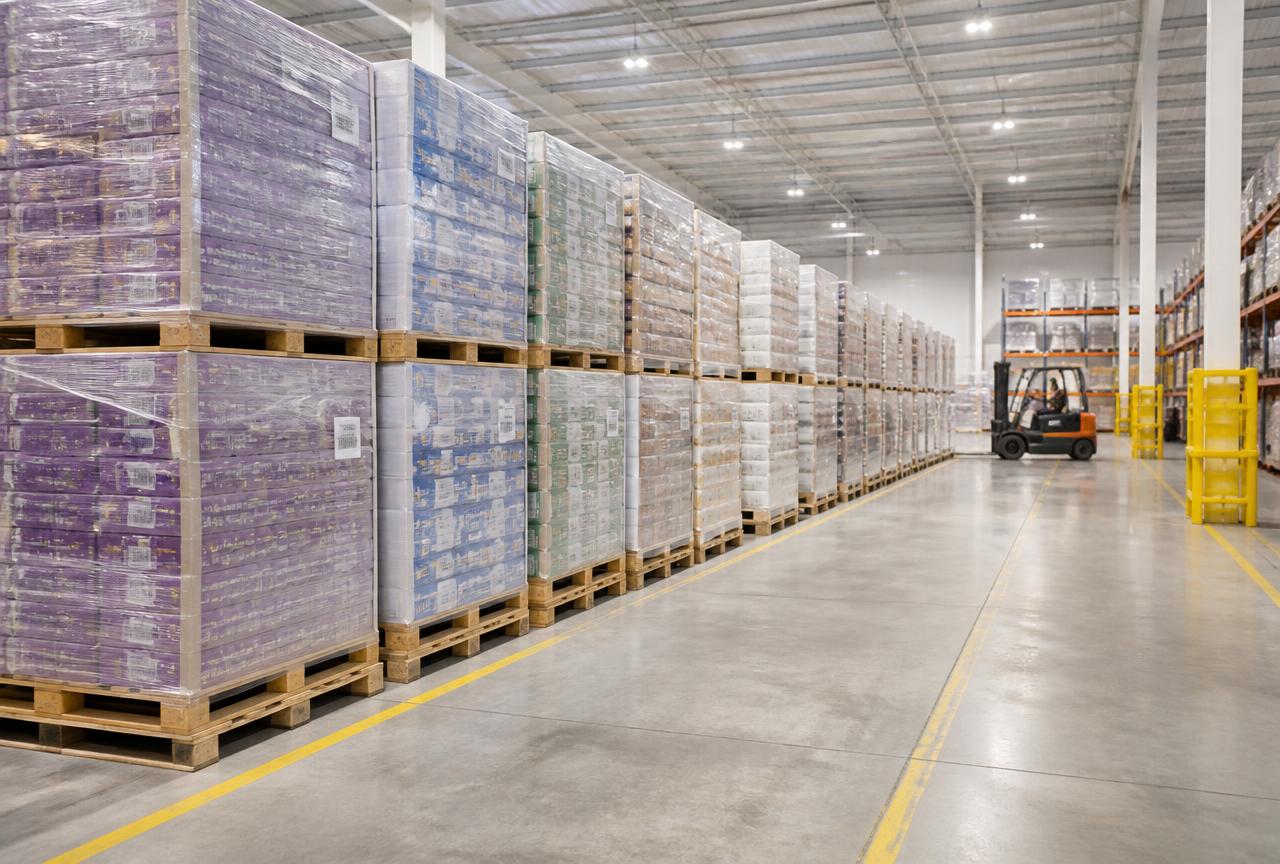 Magazijn met verpakte handelsgoederen op pallets